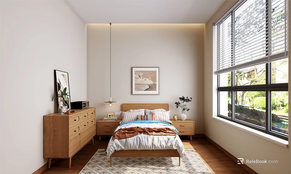 Minimalist Apartment Bedroom With Wooden Furniture And Natural Light 3d model 