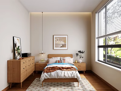 Minimalist Apartment Bedroom With Wooden Furniture And Natural Light 3d model