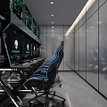 Modern Internet Cafe Interior With Rows Of Computers And Gaming Chairs 3d model