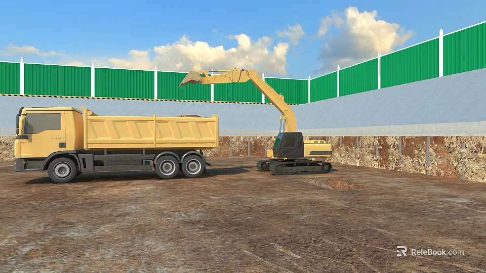 Yellow Dump Truck And Excavator At Construction Site With Green Fence Dirt Ground 3d model 