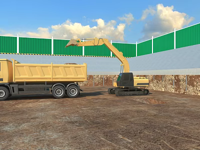 Yellow Dump Truck And Excavator At Construction Site With Green Fence Dirt Ground 3d model