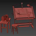 Vintage Artist Workspace with Drawing Table Blue Board Desk Lamp Toolbox Stool and Colored Pencils