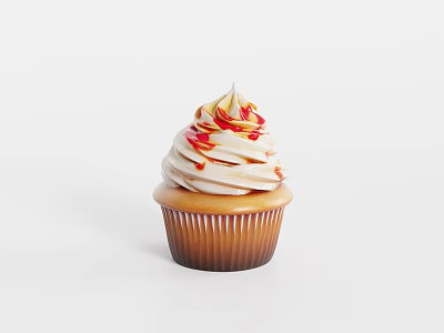 Delicious Vanilla Cupcake With Cream Frosting And Red Drizzle On White Background 3d model