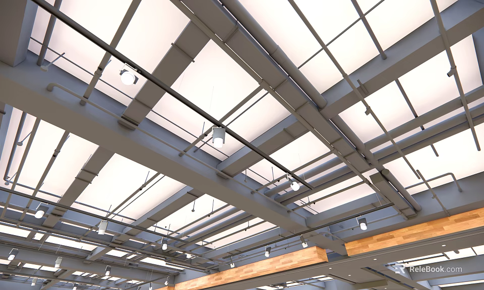 Modern Commercial Ceiling Design With Metal Framework Wooden Accents And Integrated Lighting 3d model 