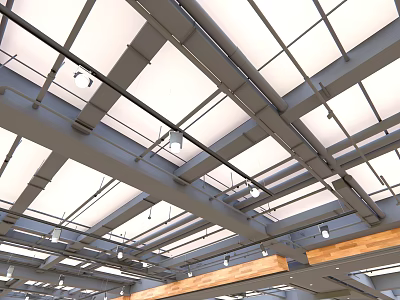 Modern Commercial Ceiling Design With Metal Framework Wooden Accents And Integrated Lighting 3d model
