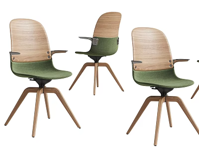 Wooden Backrest and Armrest Office Chair with Green Seat and Three-Legged Base 3d model