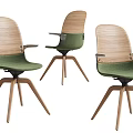 Wooden Backrest and Armrest Office Chair with Green Seat and Three-Legged Base