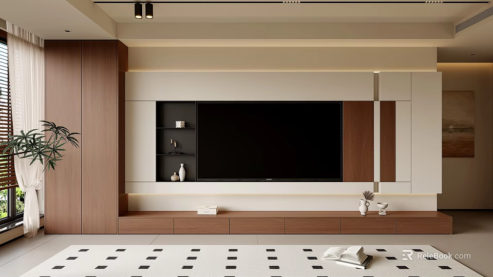 Modern TV Wall Unit Design With Wooden Storage Drawers And Decorative Shelves 3d model 