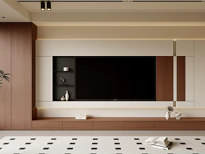 Modern TV Wall Unit Design With Wooden Storage Drawers And Decorative Shelves 3d model