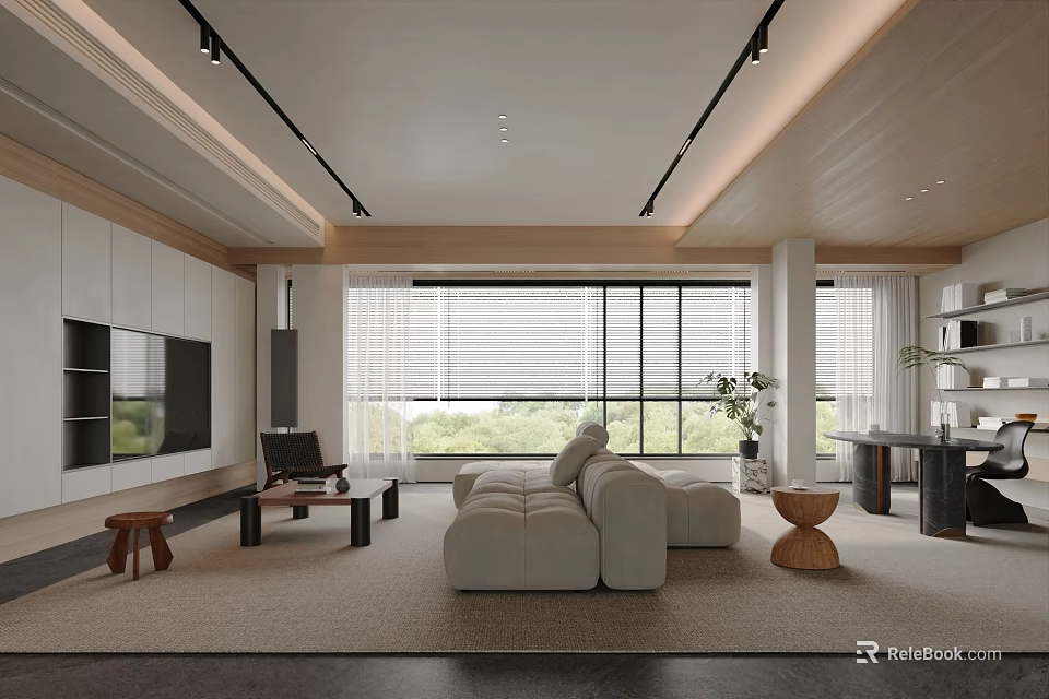 Modern Minimalist Living Room Design With Beige Sofa Wooden Elements Large Windows And Potted Plant 3d model 