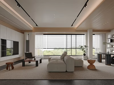 Modern Minimalist Living Room Design With Beige Sofa Wooden Elements Large Windows And Potted Plant 3d model
