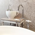 White Ceramic Bathtub With Cup Handle On Hexagonal Floor Tiles And Patterned Tiled Wall