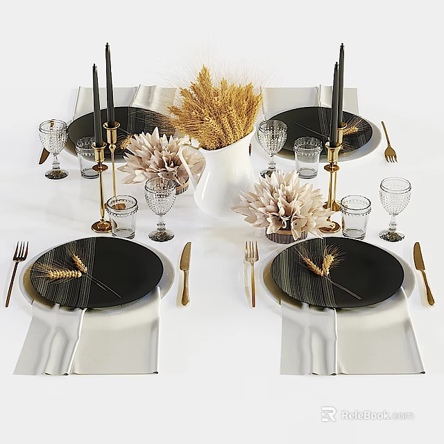 Stylish Tableware Set With Black Plates Golden Cutlery Glassware White Napkins And Wheat Decorations 3d model 
