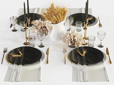 Stylish Tableware Set With Black Plates Golden Cutlery Glassware White Napkins And Wheat Decorations 3d model