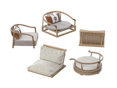 Wooden Frame Furniture Collection With Upholstered Cushions Armchair Round Seat And Wicker Cabinet 3d model