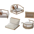 Wooden Frame Furniture Collection With Upholstered Cushions Armchair Round Seat And Wicker Cabinet