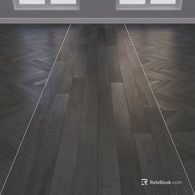 Dark Wooden Flooring With Central Straight Planks And Side Herringbone Patterns For Modern Interior Spaces 3d model 