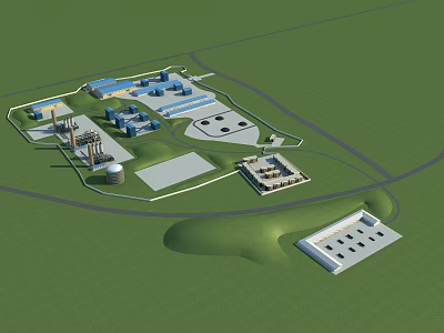 Modern Industrial Plant Layout With Storage Tanks Multiple Buildings Roadways And Green Areas 3d model