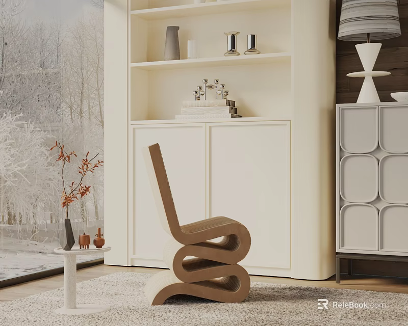 Modern Leisure Chair in Minimalist Interior with Wooden Shelf and Table Lamp 3d model 