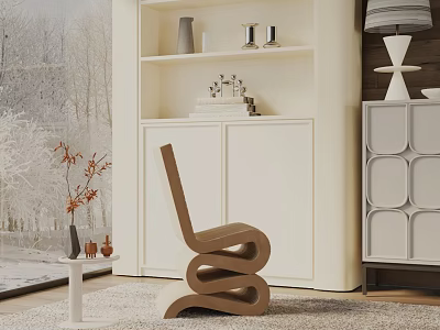 Modern Leisure Chair in Minimalist Interior with Wooden Shelf and Table Lamp 3d model