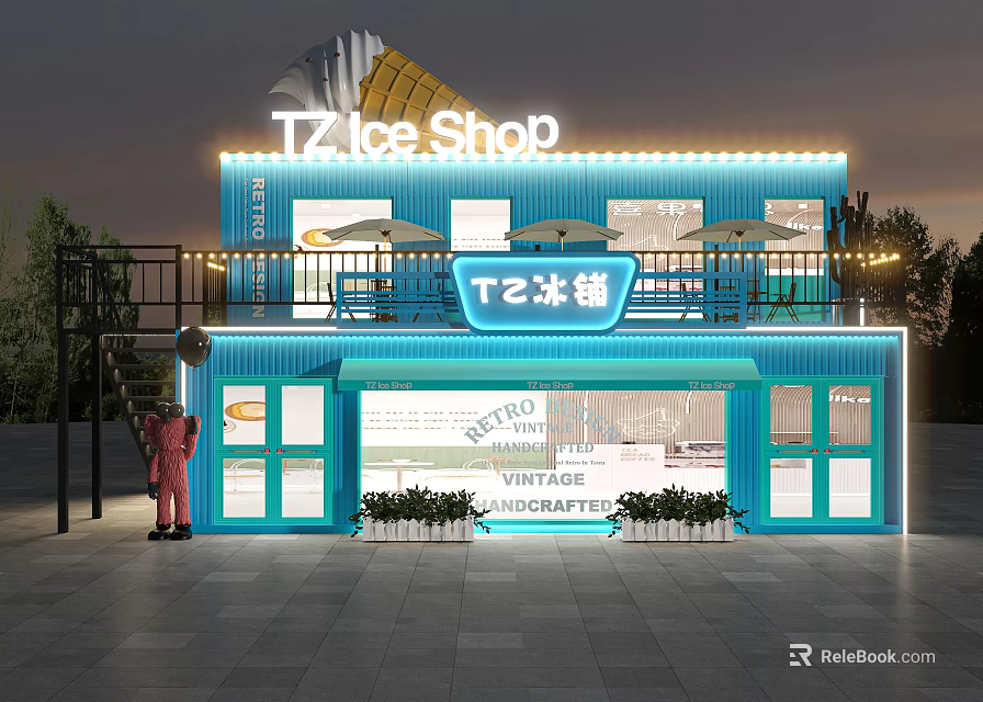 Modern Container Building for Ice Shop with Vintage Design Two Story Structure And Balcony Plants 3d model 