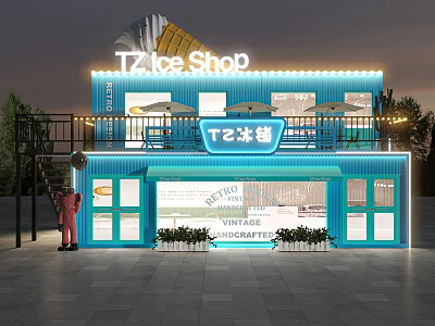 Modern Container Building for Ice Shop with Vintage Design Two Story Structure And Balcony Plants 3d model