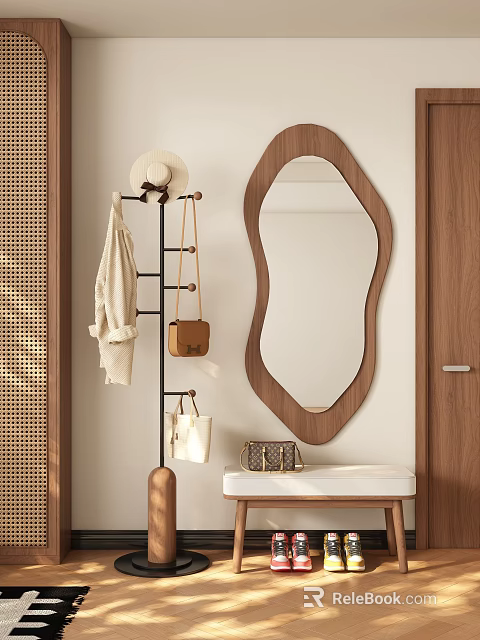 Coat Rack With White Sweater Hat Brown Bag Near Oval Wooden Mirror And Console 3d model 