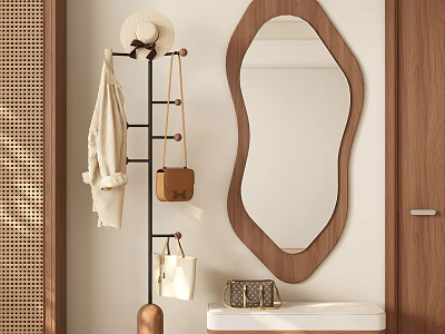 Coat Rack With White Sweater Hat Brown Bag Near Oval Wooden Mirror And Console 3d model