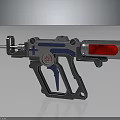 Futuristic Sci Fi Gun Weapon With Silver Metal Body Blue Accents Red Component And Emblem Details