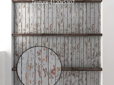 Weathered Plank Wall With Wooden Shelves And Circular Decor Piece 3d model