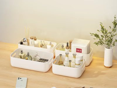 Organized Perfumes And Cosmetics In White Storage Boxes On Wooden Tabletop 3d model