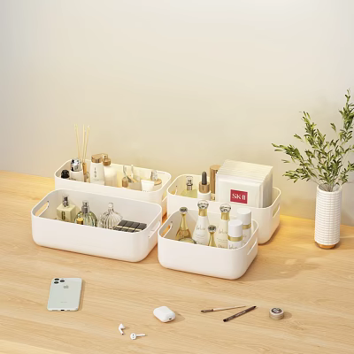 Organized Perfumes And Cosmetics In White Storage Boxes On Wooden Tabletop 3d model
