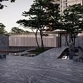 Garden Landscape Design With High Rise Residential Buildings Trees And Stone Pavement