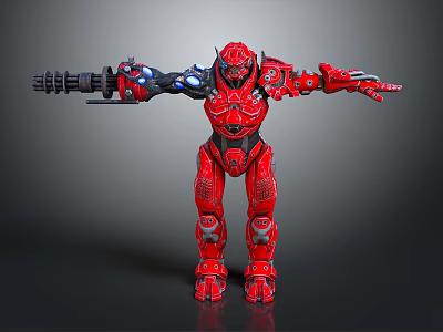 Red Robot Game Movie Character With Mechanical Arms Armor And Glowing Blue Lights 3d model