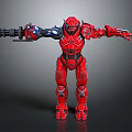 Red Robot Game Movie Character With Mechanical Arms Armor And Glowing Blue Lights