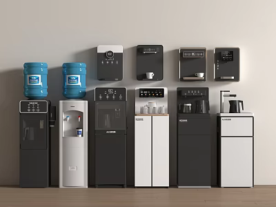 Modern Kitchen Appliances Displayed With Blue Water Dispensers Coffee Makers And Cabinets 3d model
