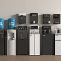 Modern Kitchen Appliances Displayed With Blue Water Dispensers Coffee Makers And Cabinets