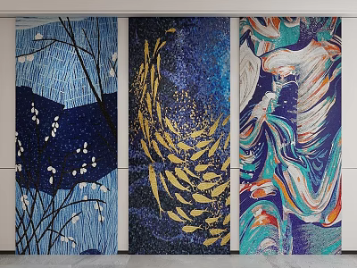 Three Panel Decorative Wall Art Featuring Floral Fish And Abstract Colorful Patterns 3d model