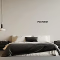 Modern Bedroom Interior With Bed Nightstands Pendant Light And Poliform Sign