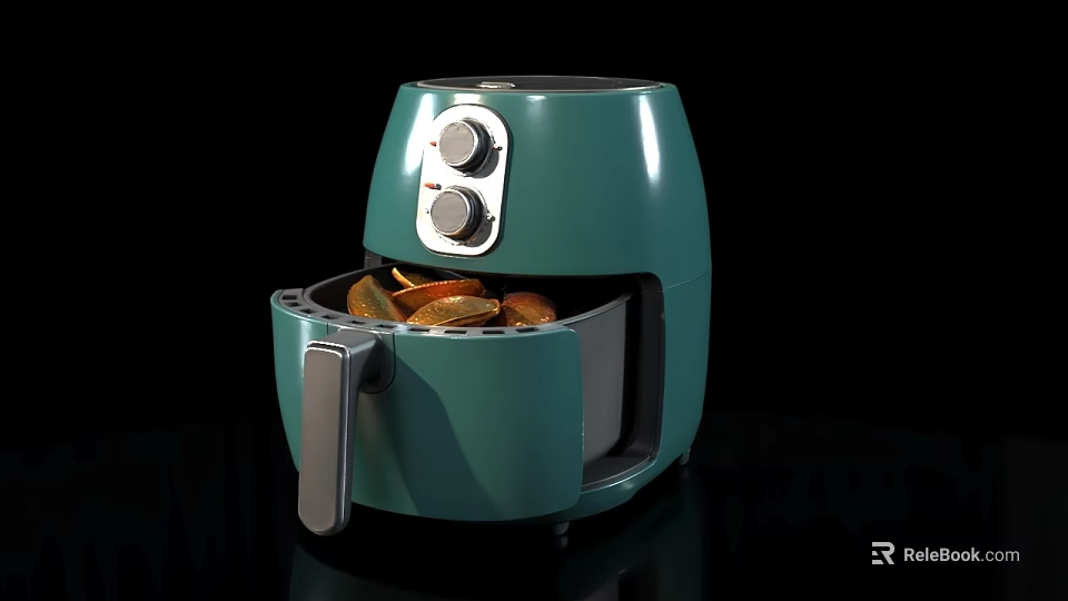Green Air Fryer With Open Drawer Containing Fried Food And Control Knobs 3d model 
