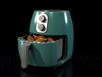 Green Air Fryer With Open Drawer Containing Fried Food And Control Knobs 3d model
