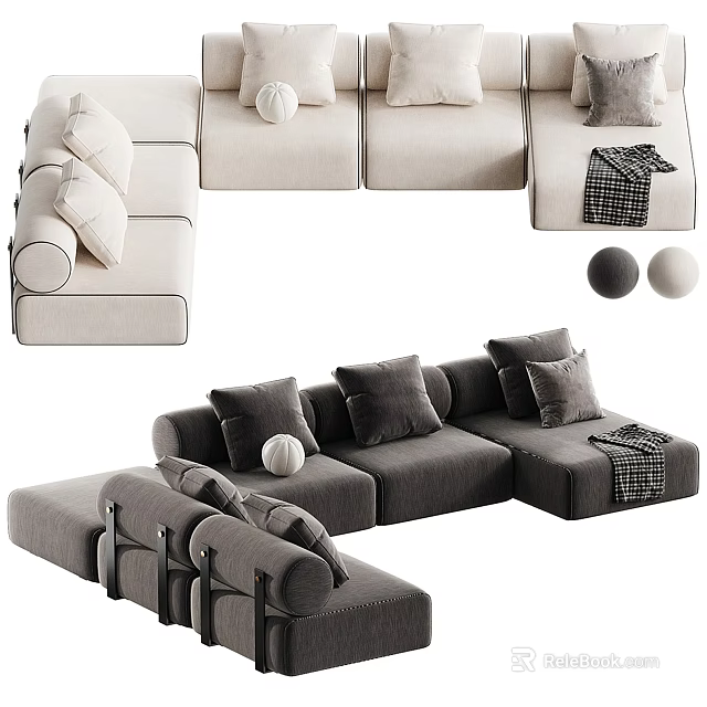 Modern Beige And Gray Sectional Sofa With Comfortable Pillows And Blanket 3d model