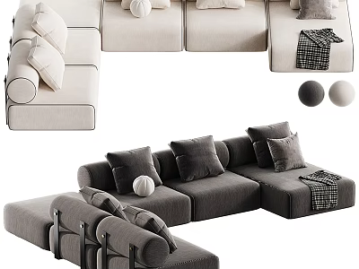 Modern Beige And Gray Sectional Sofa With Comfortable Pillows And Blanket 3d model