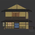 Traditional Japanese Two Story Building With Gray Tiled Roof Yellow Walls And Wooden Balconies