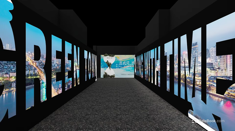 Exhibition Corridor With Projection Screens Showing Urban River Views And Carpeted Floor 3d model 