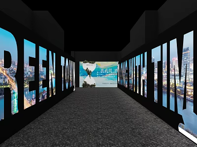 Exhibition Corridor With Projection Screens Showing Urban River Views And Carpeted Floor 3d model