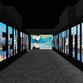 Exhibition Corridor With Projection Screens Showing Urban River Views And Carpeted Floor