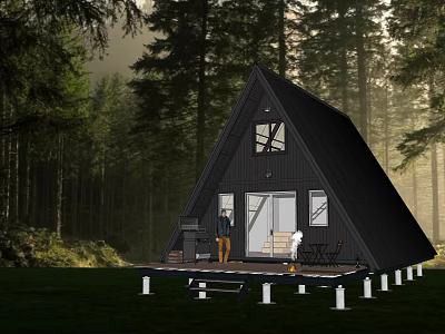 Black A Frame Cabin In Forest With Wooden Deck And Outdoor Furniture On Lawn 3d model