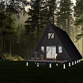 Black A Frame Cabin In Forest With Wooden Deck And Outdoor Furniture On Lawn