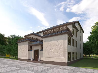 Chinese Style Detached Villa With Two Story Structure Lotus Relief Carvings And Green Courtyard 3d model